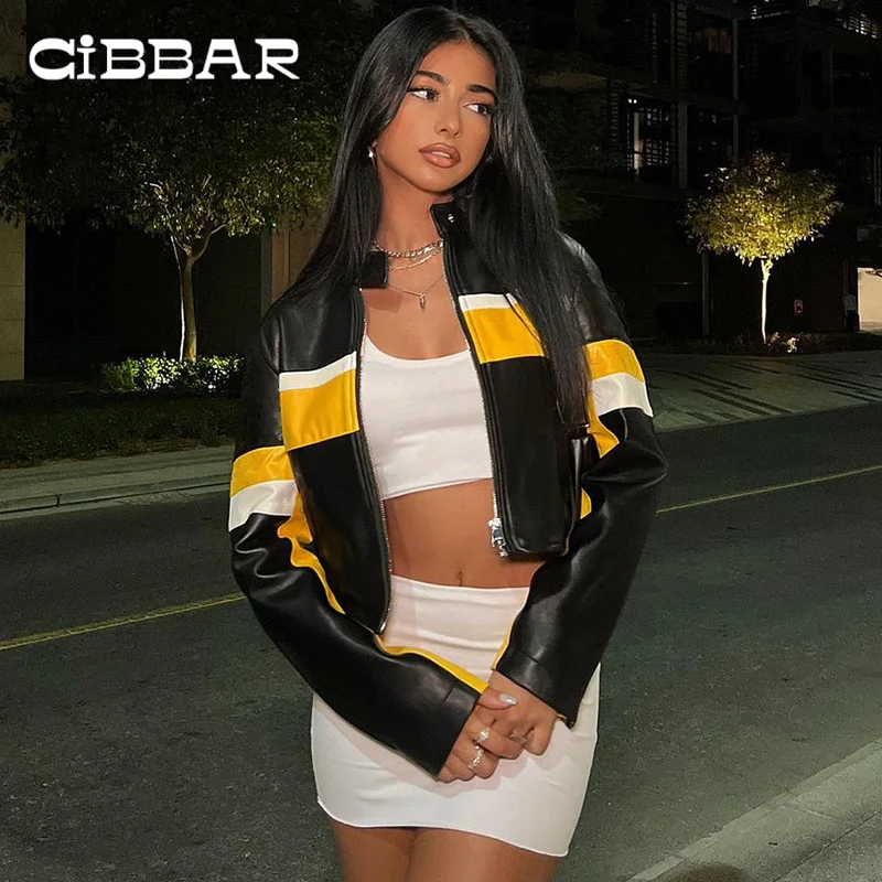 Прямые кожаные куртки CIBBAR в стиле пэчворк женские топы на молнии панк с длинными