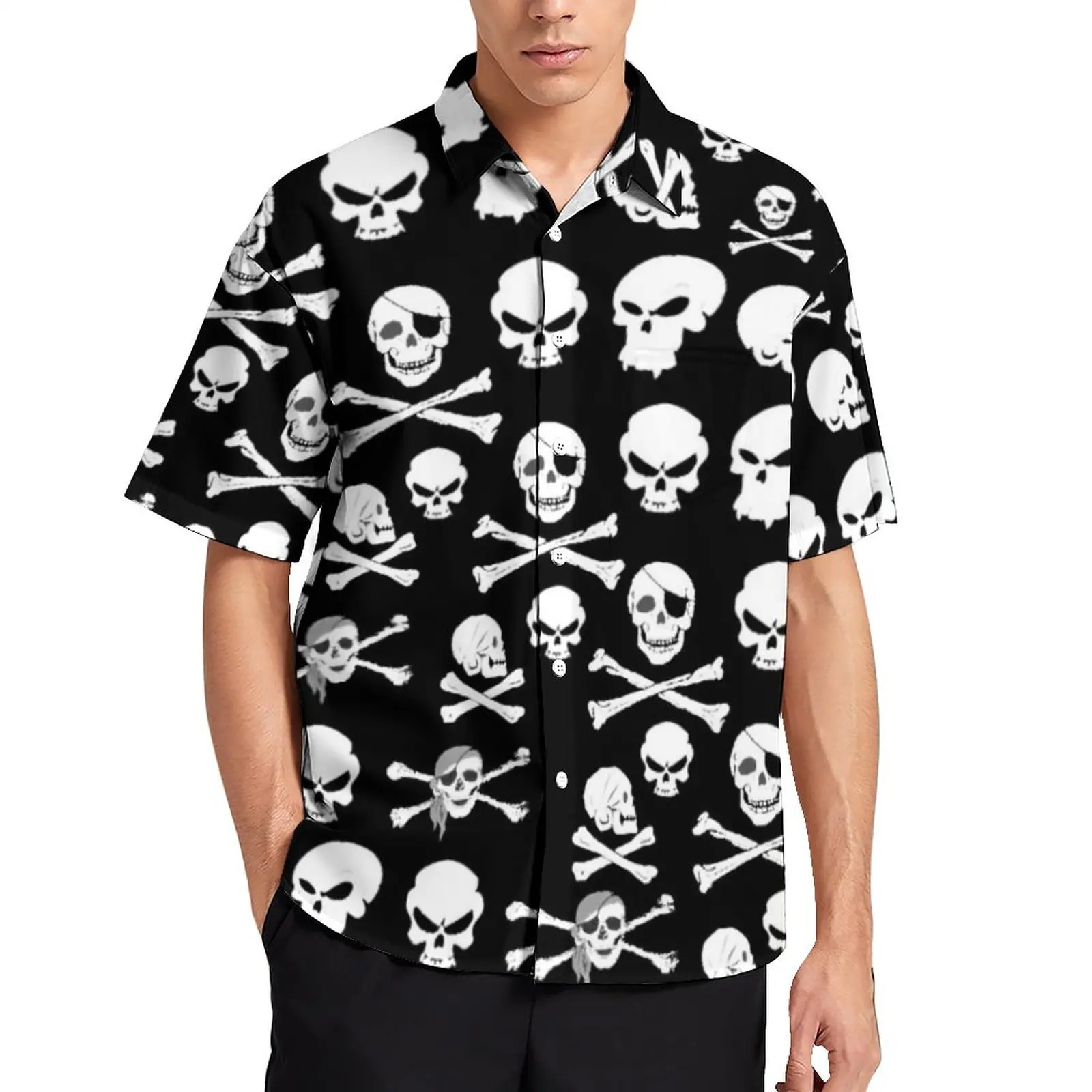 

White Skull Vacation Shirt Pirate Cross Bones Skulls Hawaii Casual Shirts Men Stylish Blouses Short-Sleeve Custom Tops Plus Size