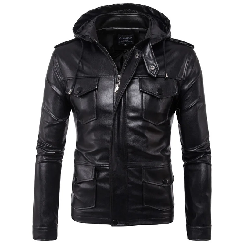

2023 New Europe and America Men's hooded motorcycle leather jacket Autumn Multi-pocket Black PU leather jacket coat Big Size 5XL