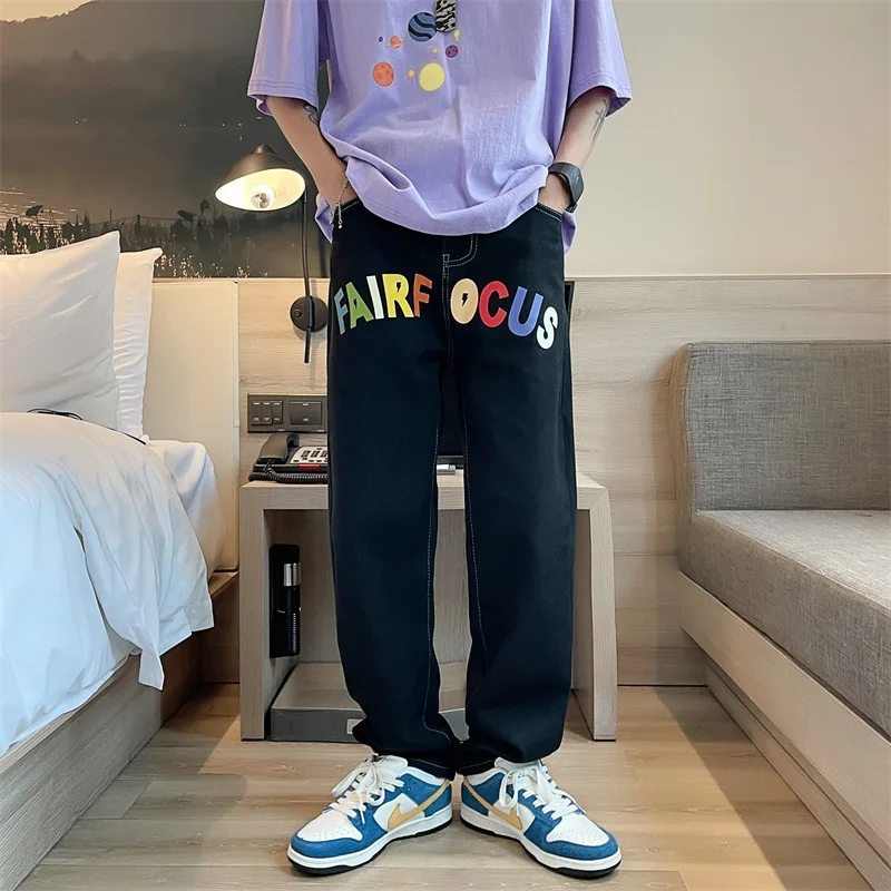 New American High Street Jeans Men's Lightning Design Sense Washed Jeans Straight Leg Loose Casual Pants Fashion Men Streetwear