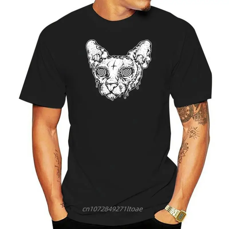 

Melting Sphynx Print Men Black T-Shirt Retro Painting Short Sleeve Cotton Tops Cartoon Canadian Hairless Tee Shirts