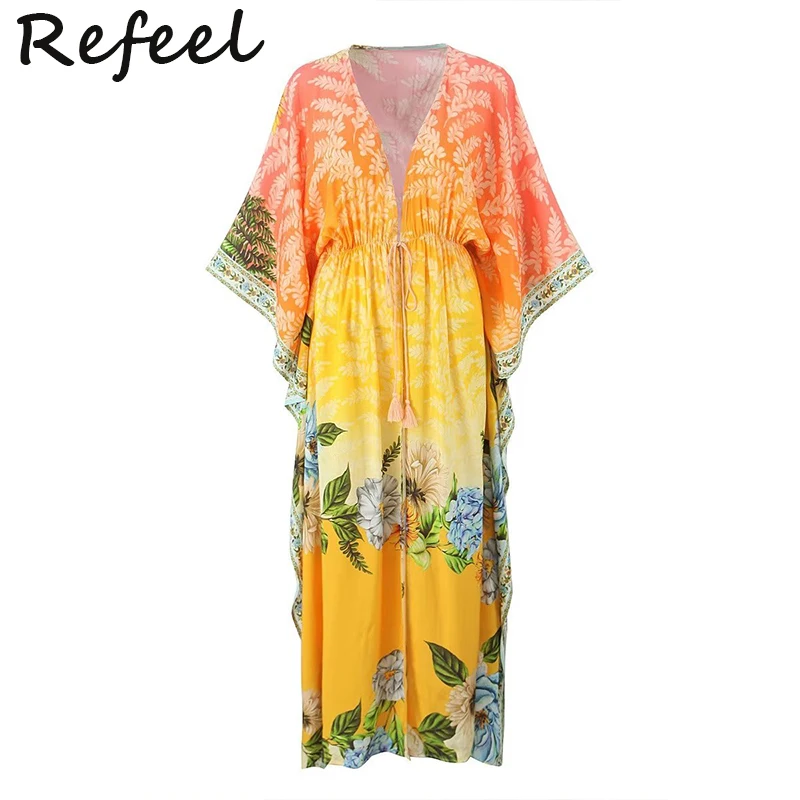 

Refeel Loose Kimono Long Dress Summer Floral Print Belt V-Neck Rayon Bohemian Lady Batwing Robe Beach Boho Cover-Ups