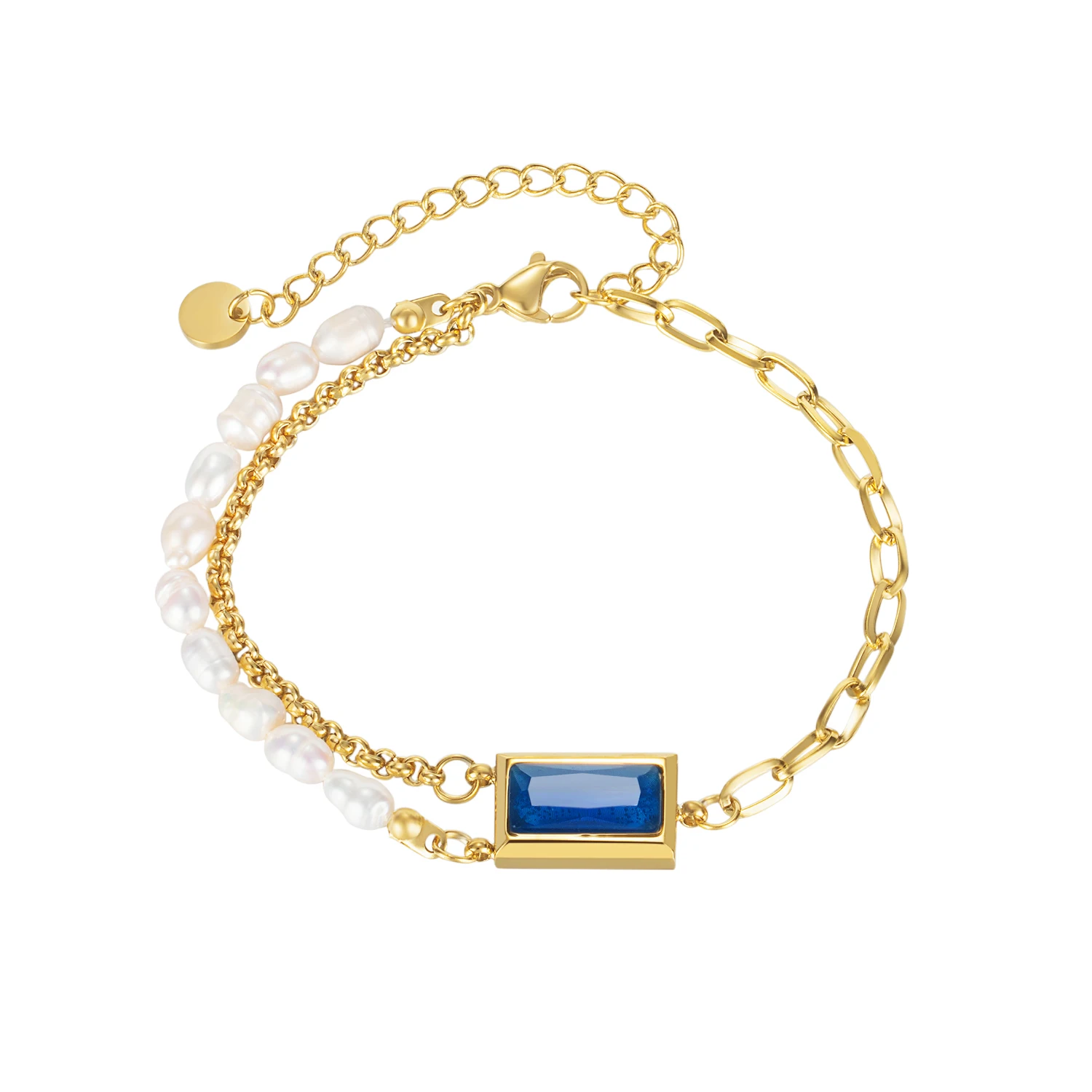

European Fashion 316L Stainless Steel Bracelet Rectangular Blue Zircon Chain Freshwater Pearl For Women Birthday Jewelry Gift