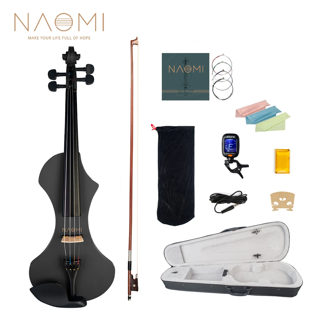 NAOMI Black Electric 4/4 Violin Set w/ Brazilwood Bow+Violin Case+ Strings+Tuner+Rosin+Maple Bridge+Nylon Protect Bag
