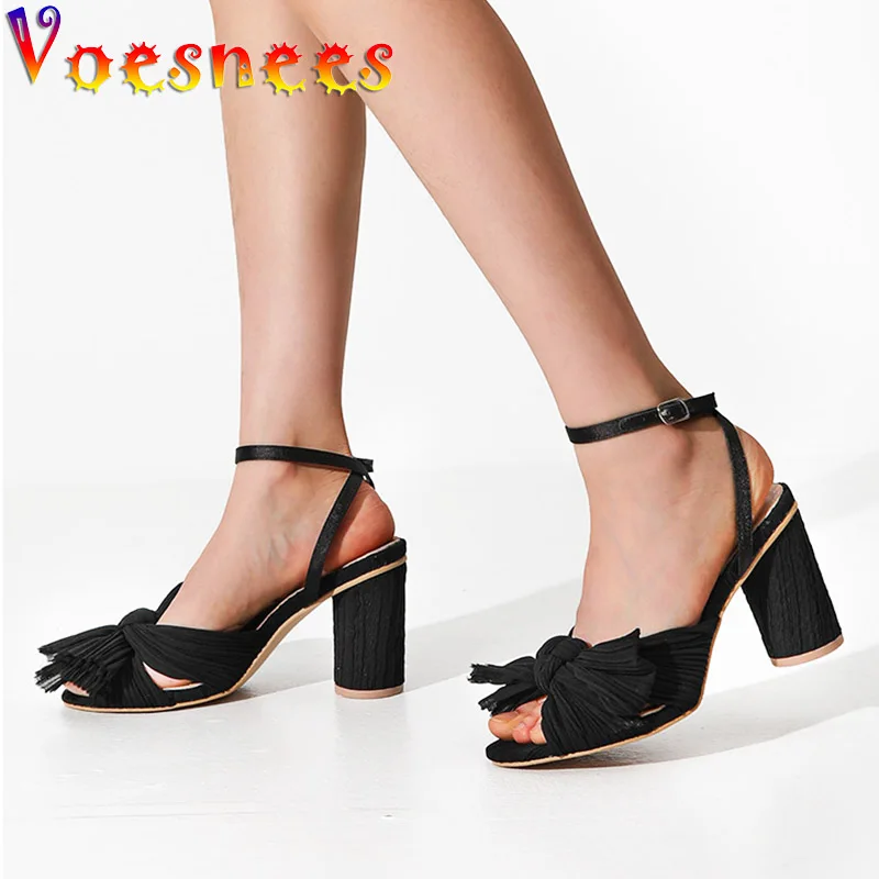 

Women Gauze Bow Summer Sandals Black New Indoor Outdoor Party Shoes Pleated Design Fashion Wedding High Heels Sandalia Feminina