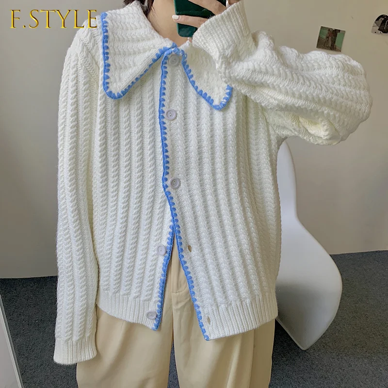 

Sweaters Sweet Preppy Style Autumn Thick Puff Long Sleeve Turn Down Collar Cardigan Oversized Jacket Doll Knit Tops Pull Femme