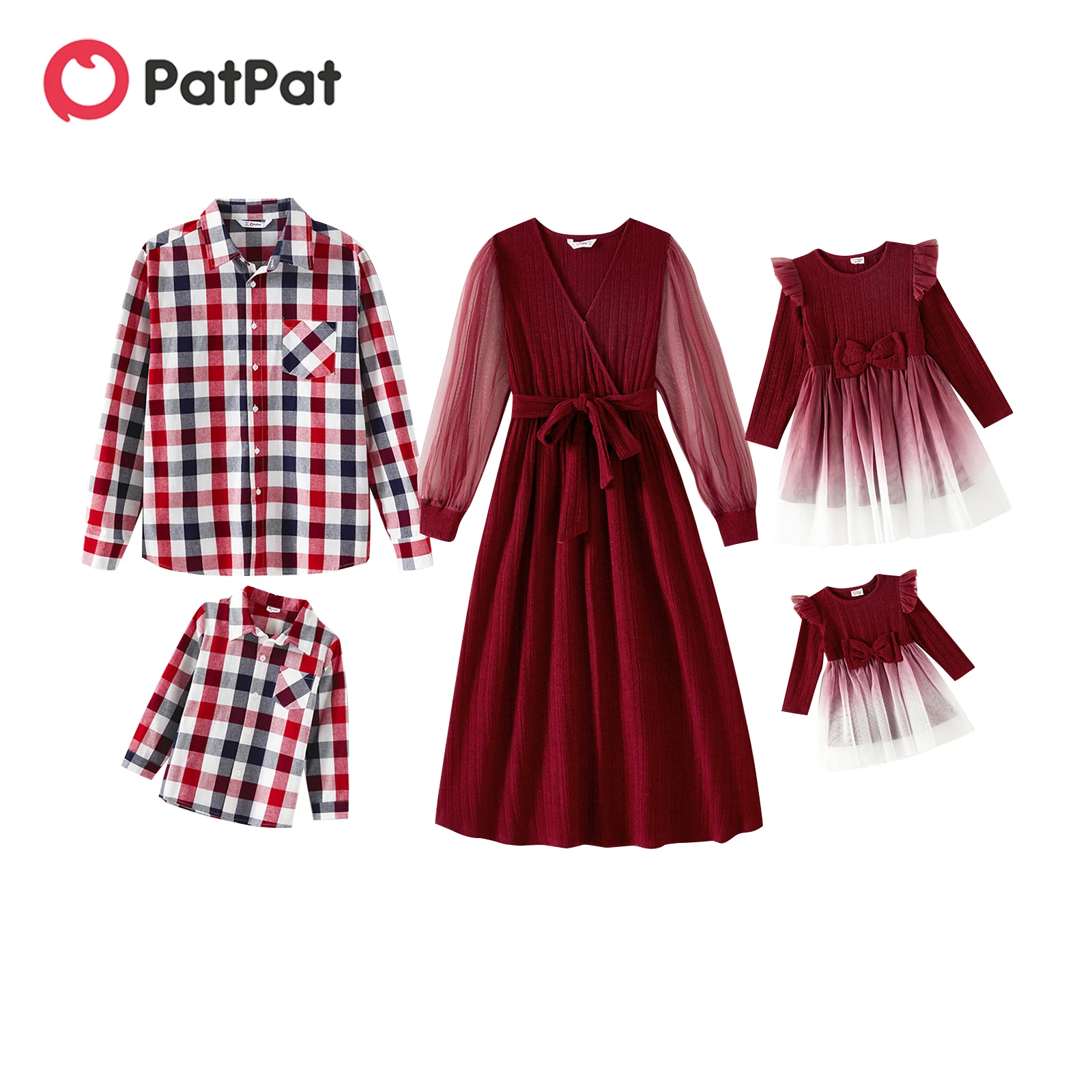 

PatPat Family Matching 100% Cotton Plaid Shirts and Solid Rib Knit Surplice Neck Mesh Long-sleeve Dresses Sets