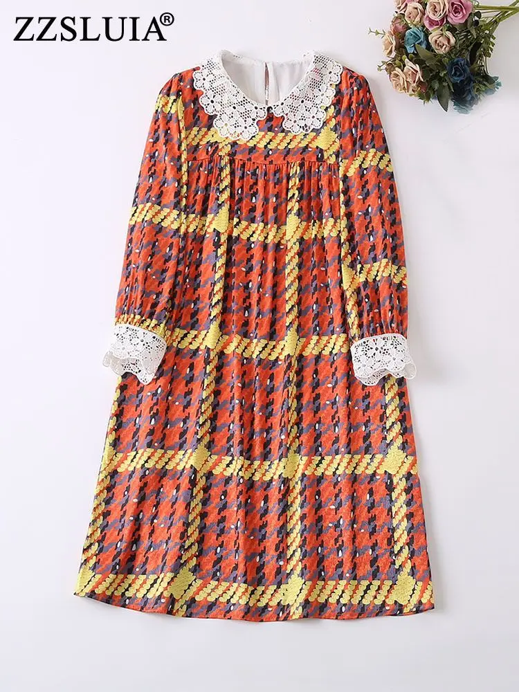 

ZZSLUIA Vintage Dresses For Women Printed Water Soluble Embroidery Designer Loose Dress Fashion Peter Pan Collar Dresses Female