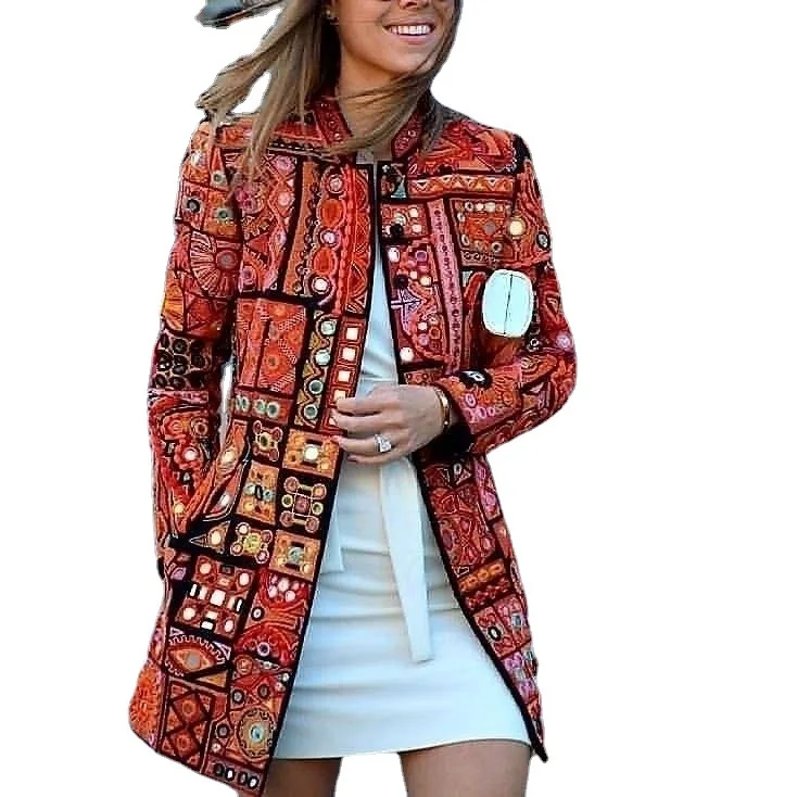 

Autumn women's digital printed mid length cardigan jacket