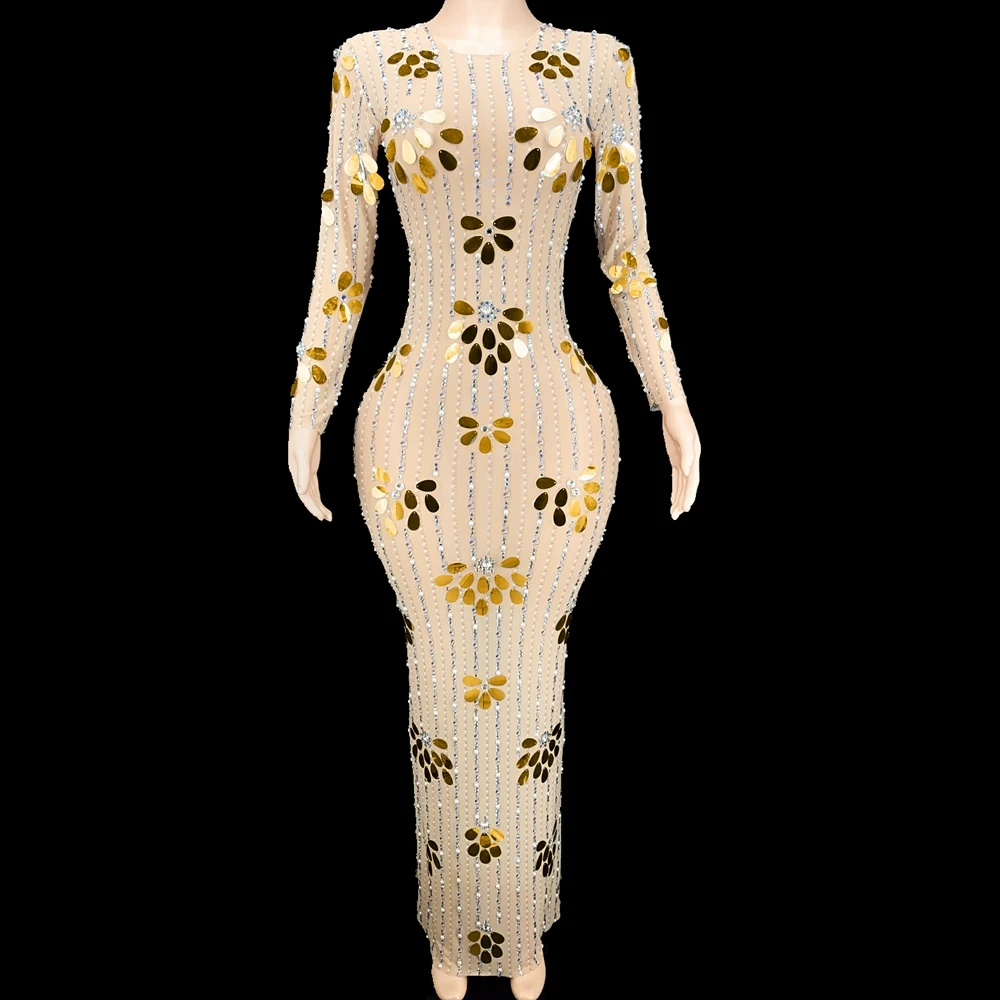 

Sparkly Sequins Rhinestones Long Sleeves Mesh Transparent Dress Birthday Celebrate Gown Outfit Women Sexy Evening Party Dress