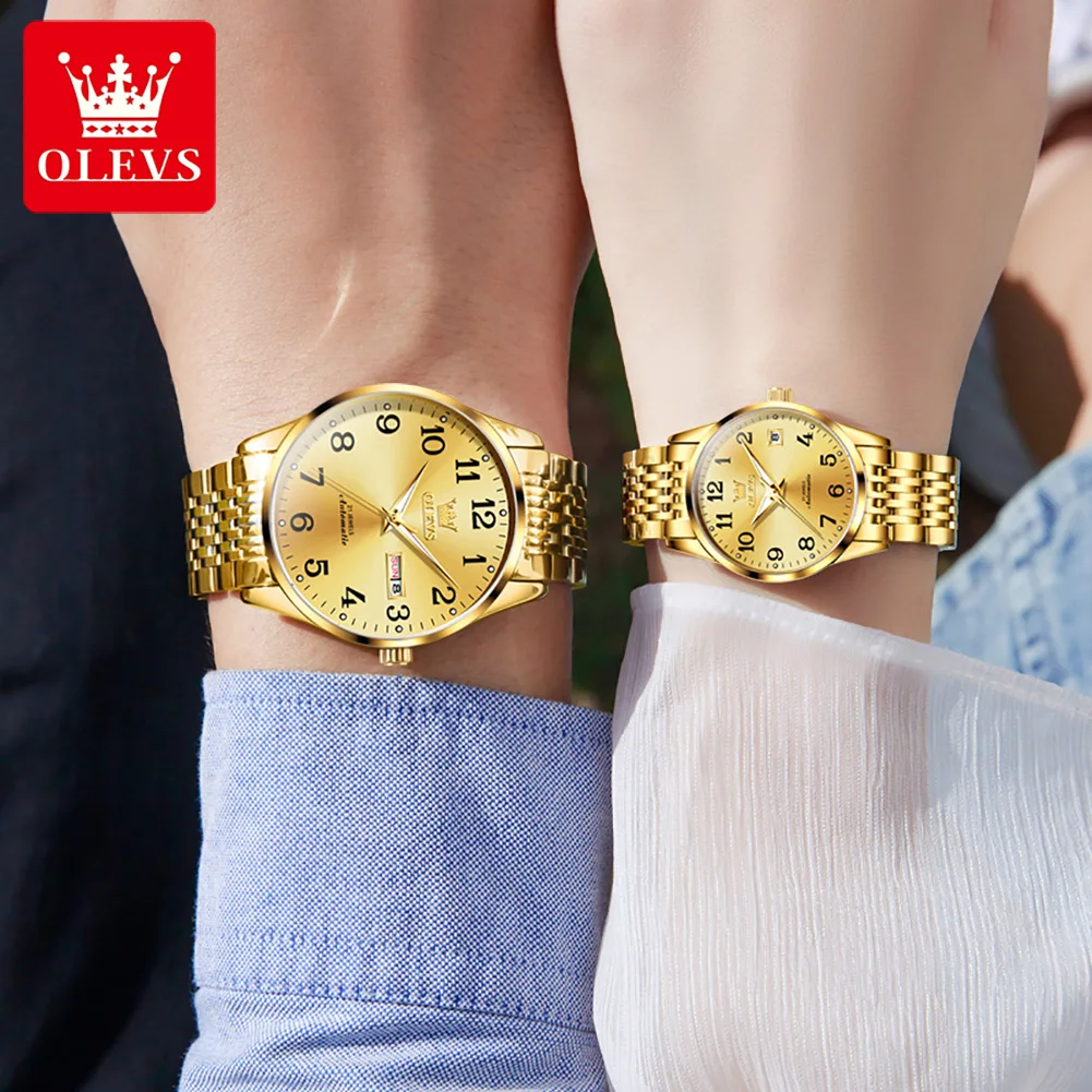 OLEVS New Lover Mechanical Watch Top Brand Luxury Waterproof Stainless Steel Paired Men Women Automatic Watches Couple Week Date