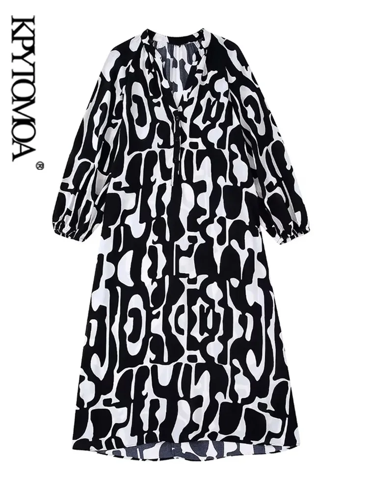 

KPYTOMOA Women Fashion Printed Asymmetric Midi Dress Vintage Long Lantern Sleeve Front Button Female Dresses Vestidos Mujer