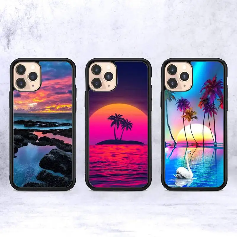 

FHNBLJ Summer Sunset Phone Case Silicone PC+TPU Case for iPhone 11 12 13 Pro Max 8 7 6 Plus X SE XR Hard Fundas