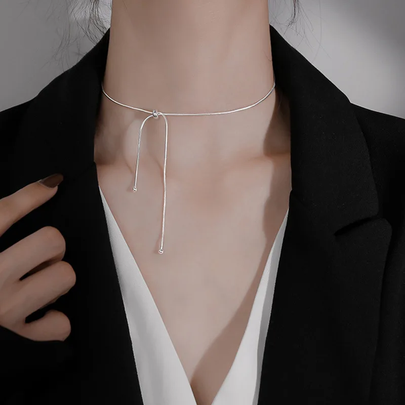 

Showfay New Adjustable S925 Sterling Silver Sparkling Necklace for Women Short Clavicle Chain Choker Wedding Party Fine Jewelry