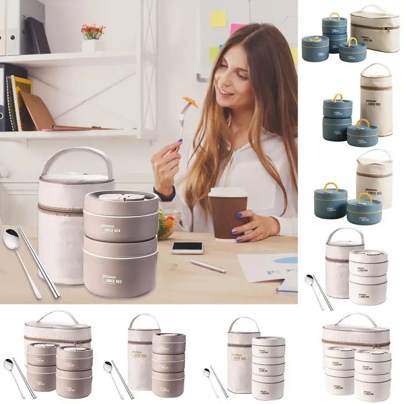 

Stainless Steel Thermal Lunch Box Stackable Bento Box Food Container With 2/3/4 Layers Snack Box With Cutlery Set Insulation Bag