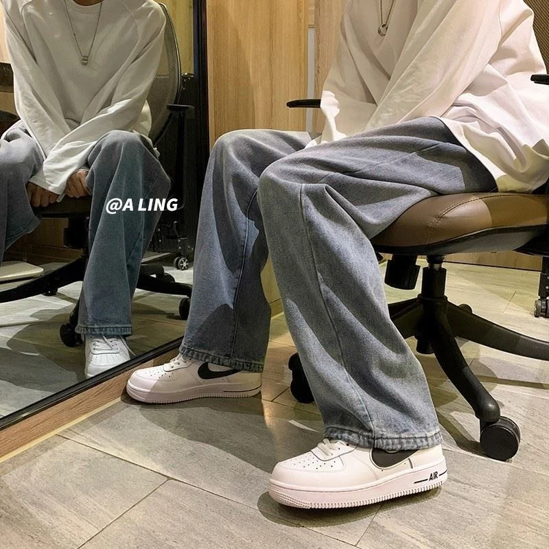 Black jeans men men's loose straight tube summer thin fashion brand ins wide leg mop dad pants ruffian handsome falling feeling