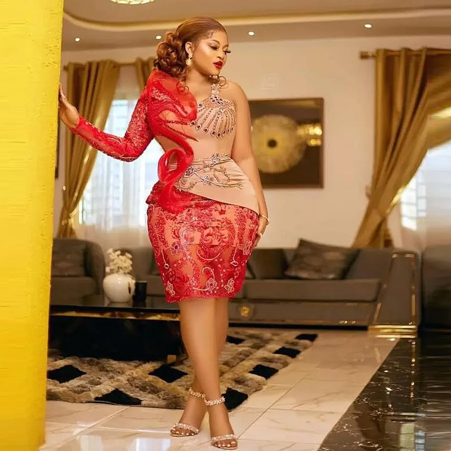 

Женское платье на одно плечо, с кристаллами и бусинами, до колена, для выпускного вечера, для дня рождения, арабское сексуальное коктейльное платье, 2023