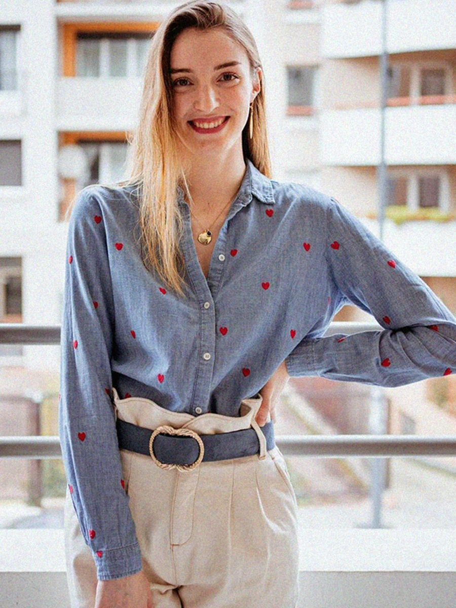 

Heart Embroidery Blouse Woman Spring Autumn Single Breasted Turn Down Collar Chic Chemises Female French Vintage Casual Shirts