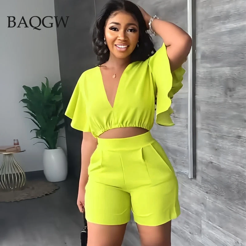 

Women Solid Ruffle Sleeve Two Piece Tracksuit Sexy Deep V Neck Crop Top and Casual Biker Shorts Office Lady Casual Matching Set
