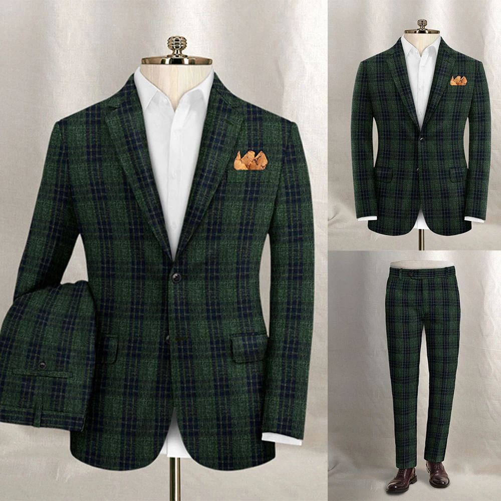 

Мужские костюмы в зеленую клетку, облегающий Блейзер и брюки по индивидуальному заказу, однобортный классический британский стиль