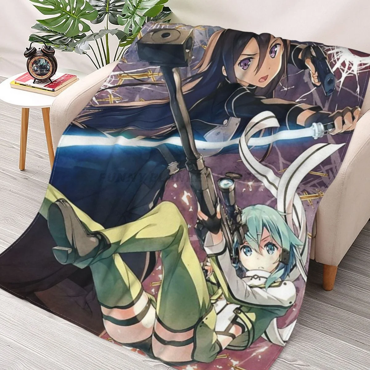 

Anime Sword Art Online Figure Brinquedos Figma Kirito Vs Sinon Throws Blankets Collage Flannel Ultra-Soft Warm picnic blanket