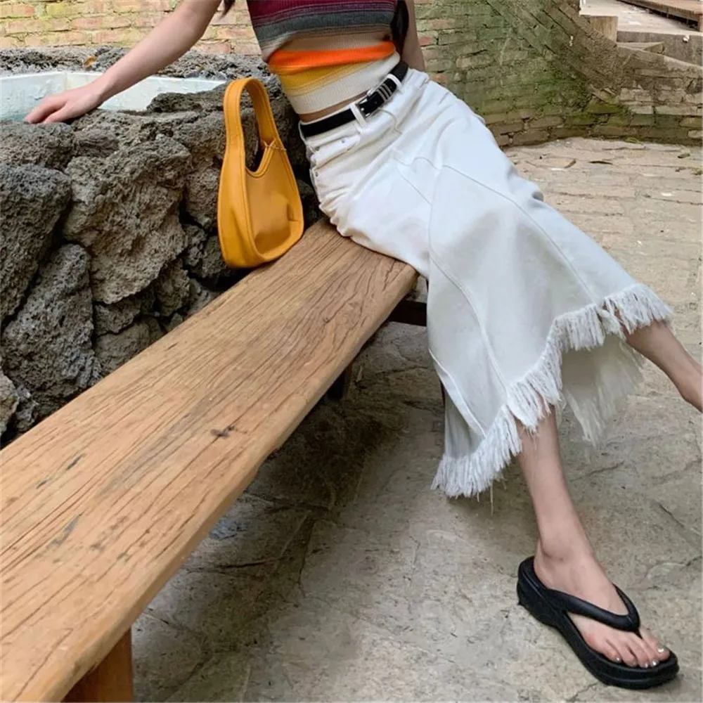 Женская джинсовая юбка с высокой талией белая облегающая длинная составного