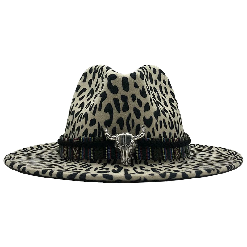 Шляпа Федора унисекс шерстяная шляпа с плоскими полями леопардовым принтом