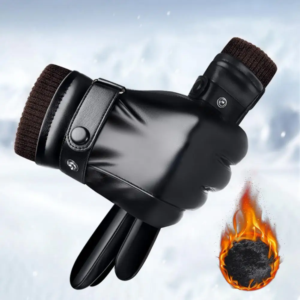 1 Pair Fleece Lining Ribbed Cuffs Adjustable Buttons Full Finger Men Gloves Winter Windproof Touch Screen Faux Leather Cycling G