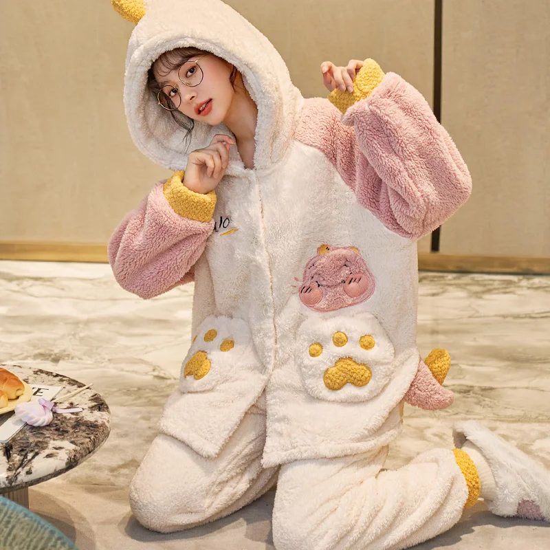 FUNISHI Winter Pajamas Plus Size 3XL Women's pajamas Plush Loose Version Hooded Pajama Set Cartoon Inspissate пижама женская