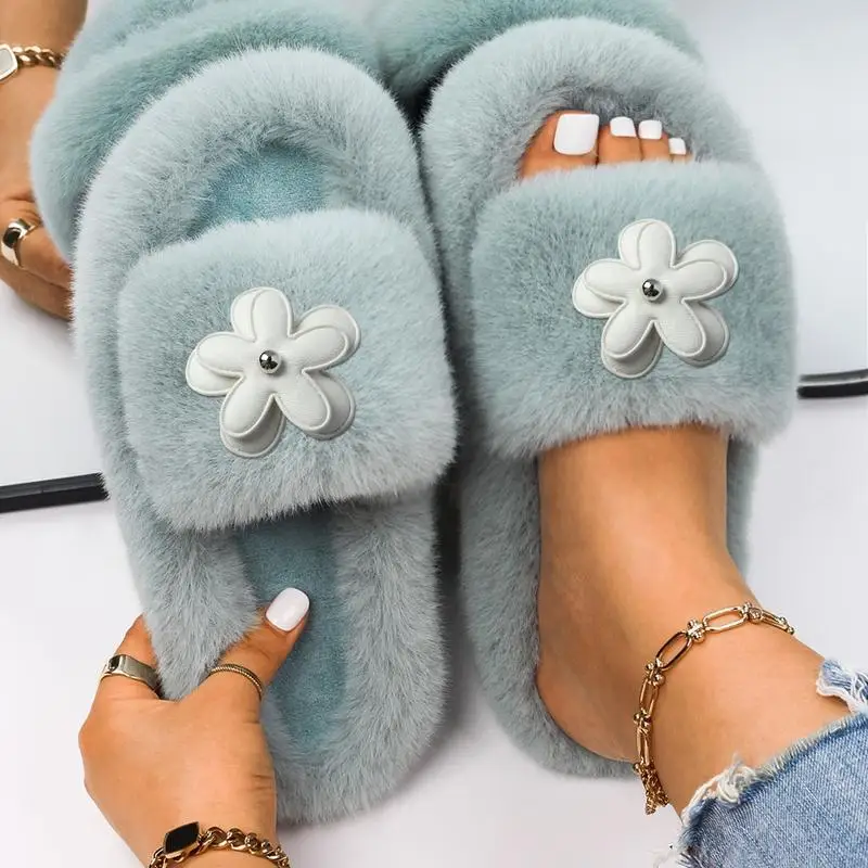 Luxury Women Sandals Platform Flip Flops Fluffy Slippers PU Flower Decor Faux Fur Slides Indoor Slippers Flat Shoes  - buy with discount
