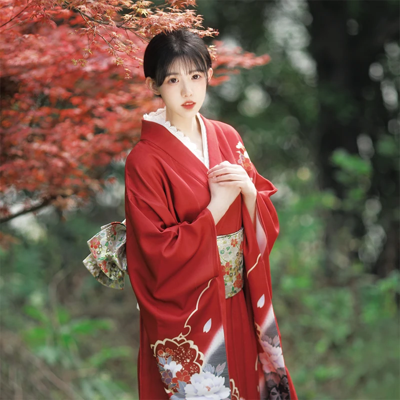Women's Japanese Traditional Kimono Red Color Long Sleeve Formal Yukata Photography Clothing Performing Dress Cosplay Costume