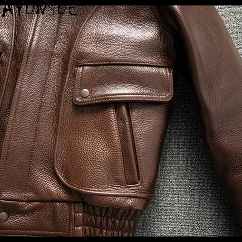 Мужская короткая куртка из натуральной воловьей кожи с воротником лацканами