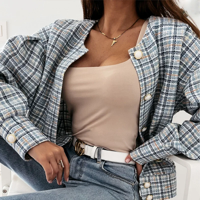 

2021 Women Fall Elegant Long Sleeve Coat Blazer Casual Plaid Office Lady Cardigan Tops Jacket Outerwear Single Breasted Button