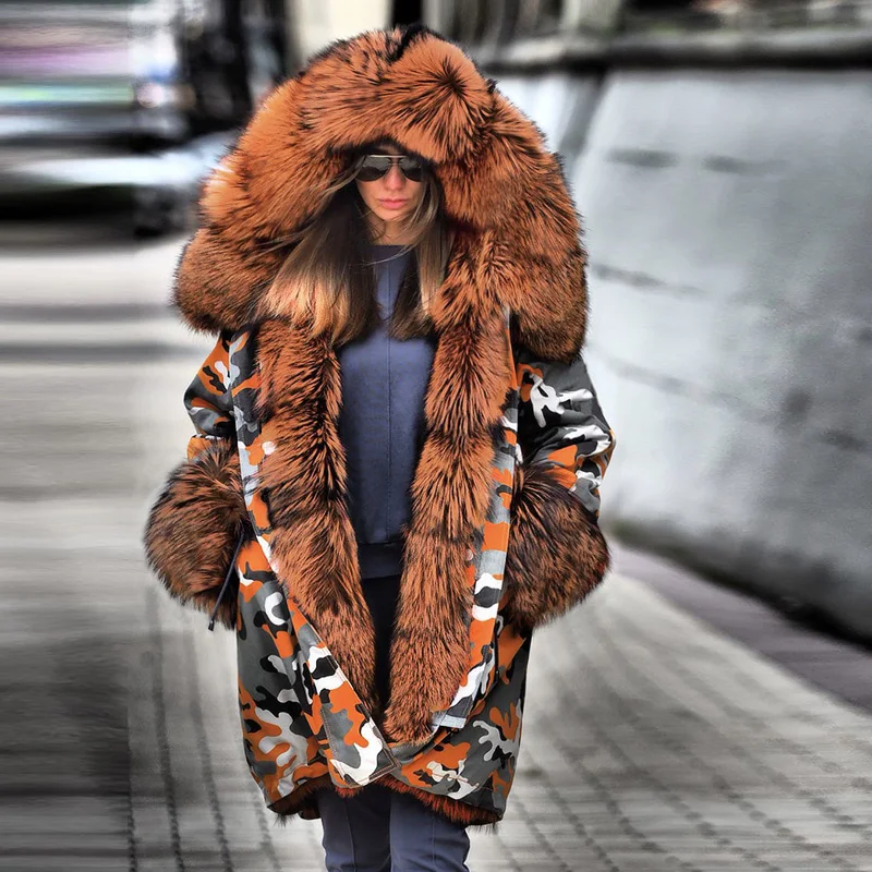 Women Faux Mink Fur Collar Arctic Fleece Parkas Long Camouflage Jackets Clothing Winter Coats Female Casual Hooded Coat Overcoat