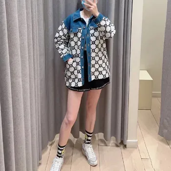 

Women Long Sleeve Letters Jacket Denim Patchwork Single Breasted Fashion Ladies 2023 New Turn-Down Collar Coat Tops