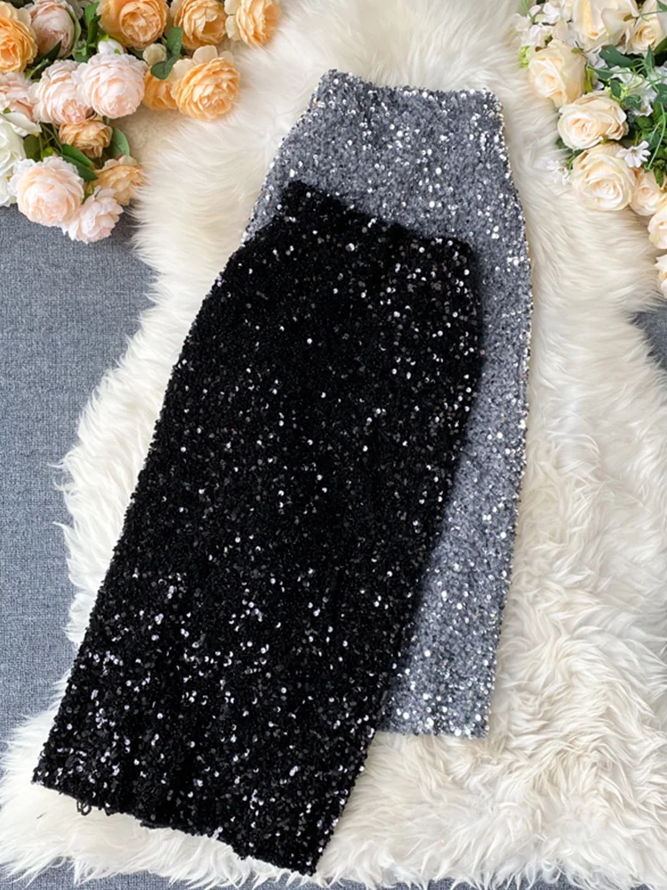 

FMFSSOM 2022 Spring Sequins Slim Shinny Skirt Trend High Street Style Skirts Autumn Korean Elegant Mid Length Bodycon Jupe
