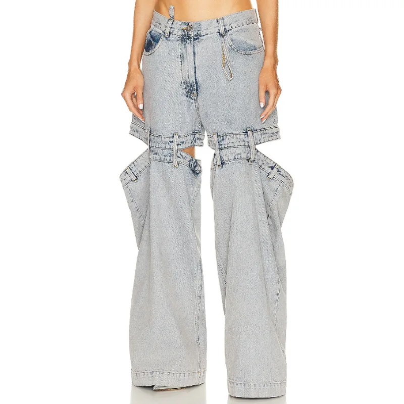 

SuperAen Street Design Stitching Women Denim Trousers Fashion New Loose High Street Denim Jeans Women