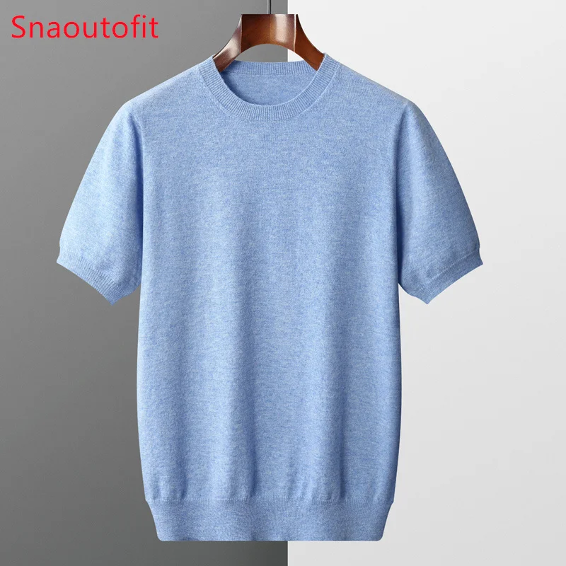 Men's Spring and Aummer Short Sleeved Pure Wool Knitted T-Shirt O-neck Flat Loose Pullover Knitted Sweater Simple and Casual Top