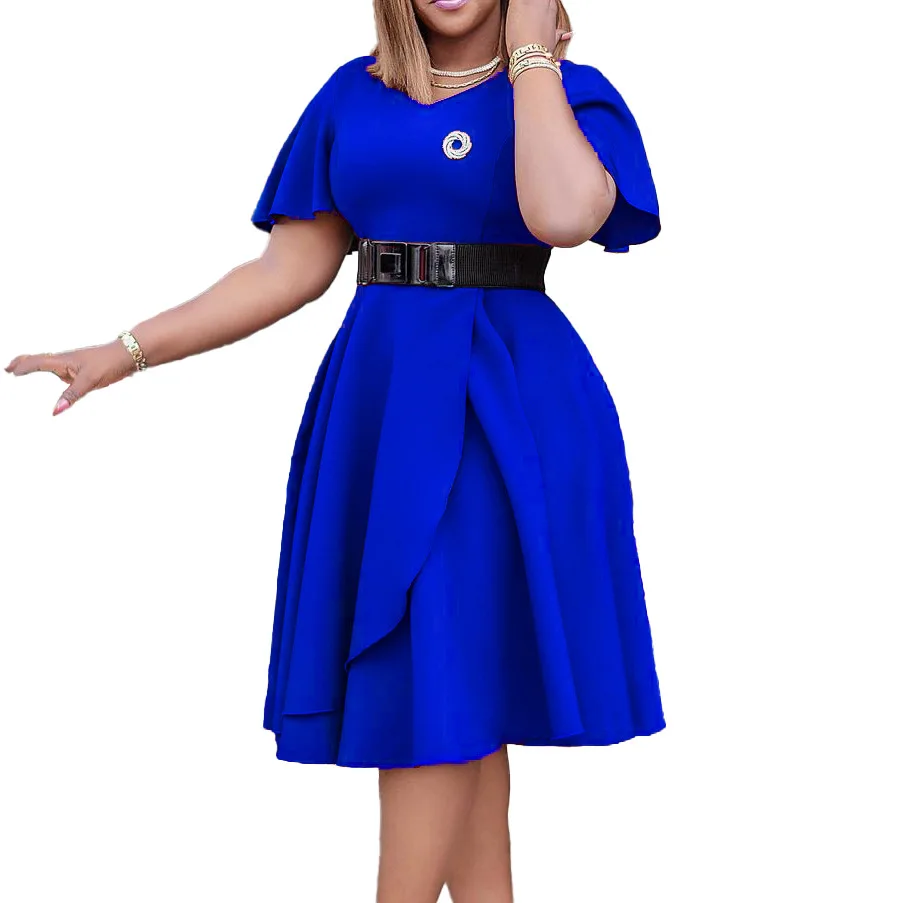 

Женское платье с расклешенными рукавами, однотонное платье большого размера с поясом в европейском и американском стиле, лето 2023