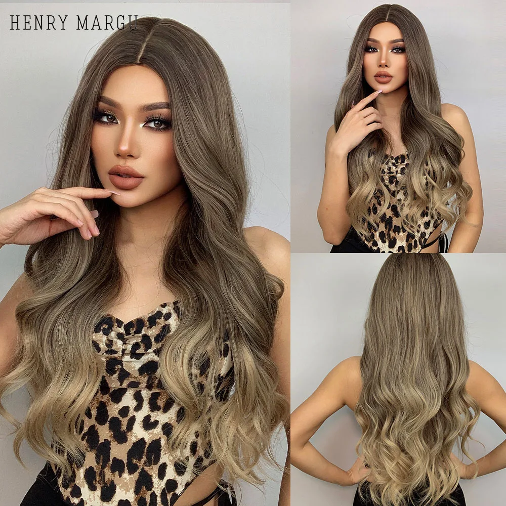 

HENRY MARGU Long Wavy Brown Blonde Ombre Synthetic Wigs Middle Part Natural Hair Wig Cosplay Wig for Black Women Heat Resistant