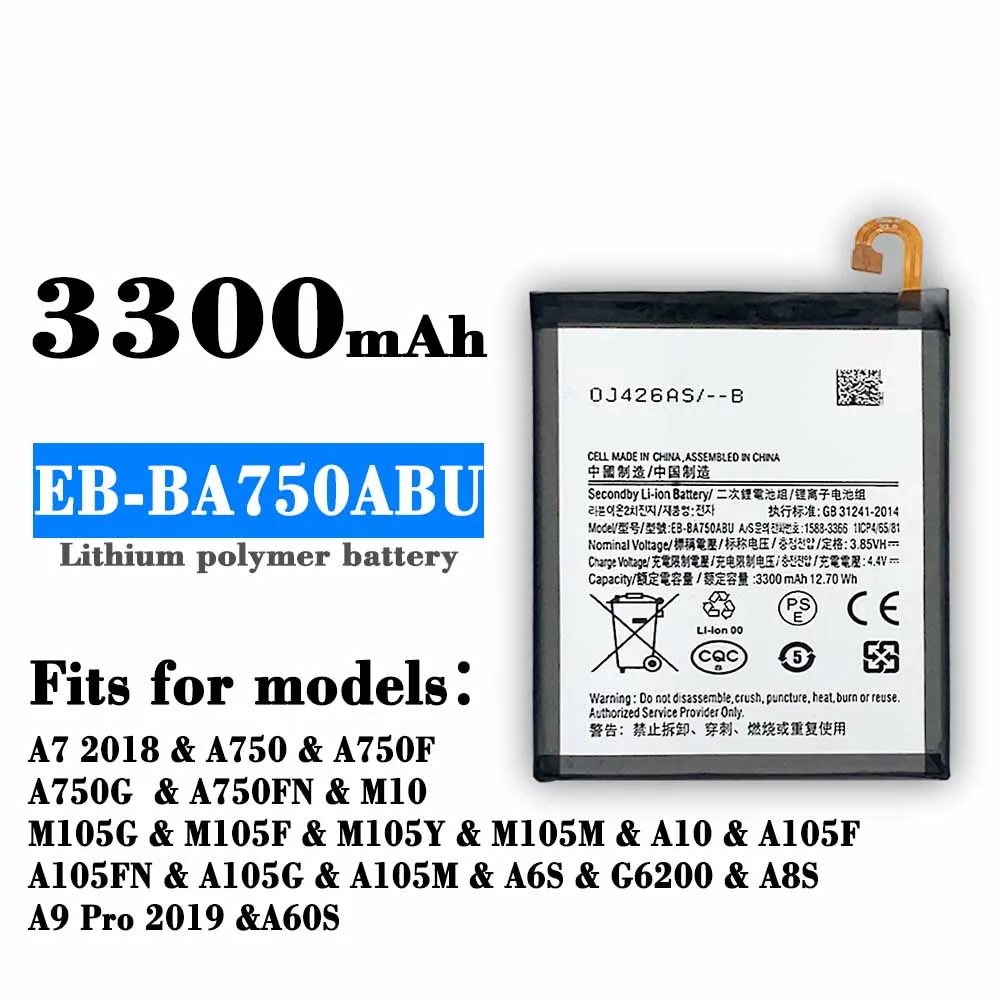 Original 3300mAh EB-BA750ABU Battery For Samsung GALAXY A7 2018 A750 A730x SM-A750F A10 M10 SM-A105F/DS A8s SM-G887 Mobile Phone