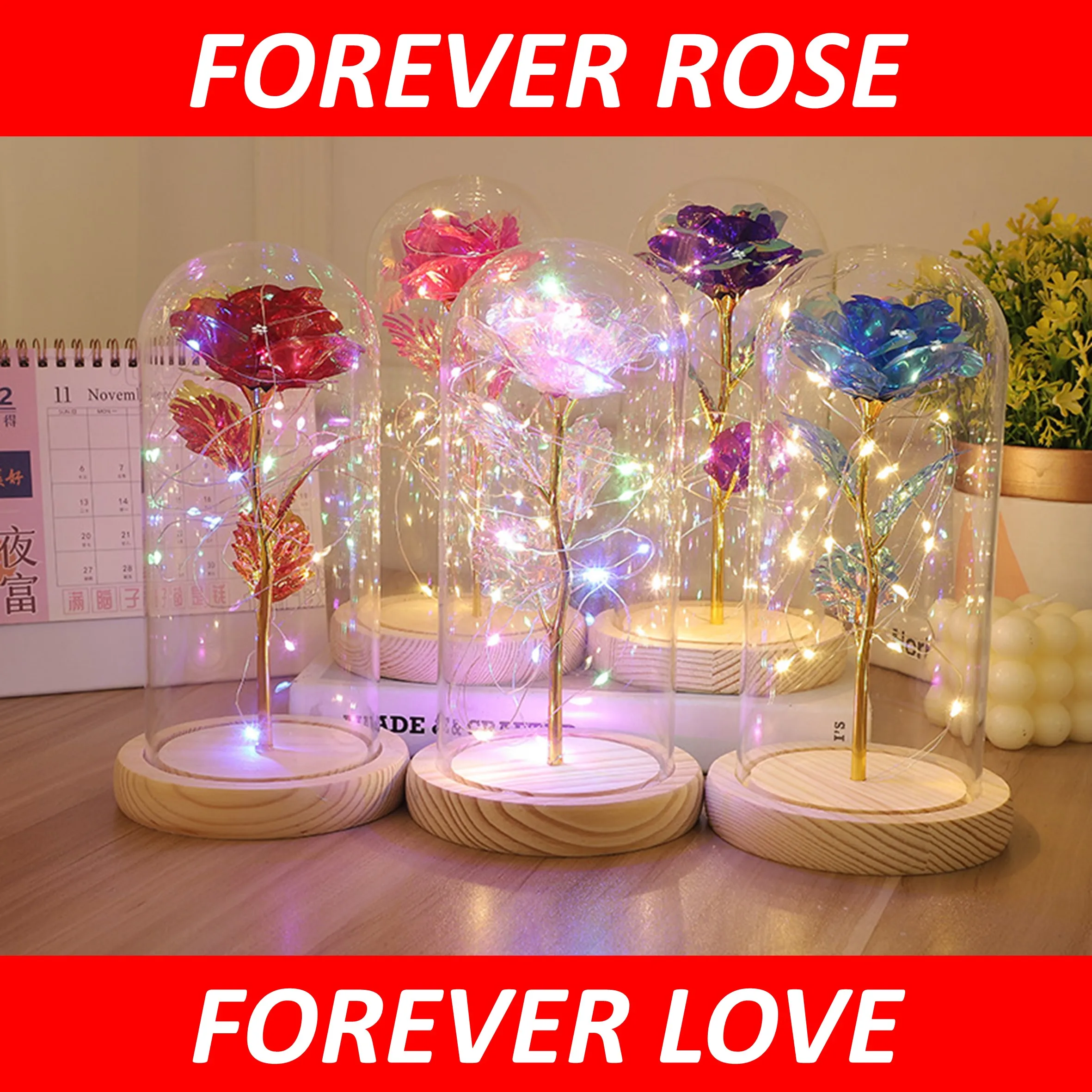 

LED Lighting Forever Love 24K Gold Foil Plated Rose Wedding Decor Lover Romantic Gift For Valentines Mothers Day With Gift Card