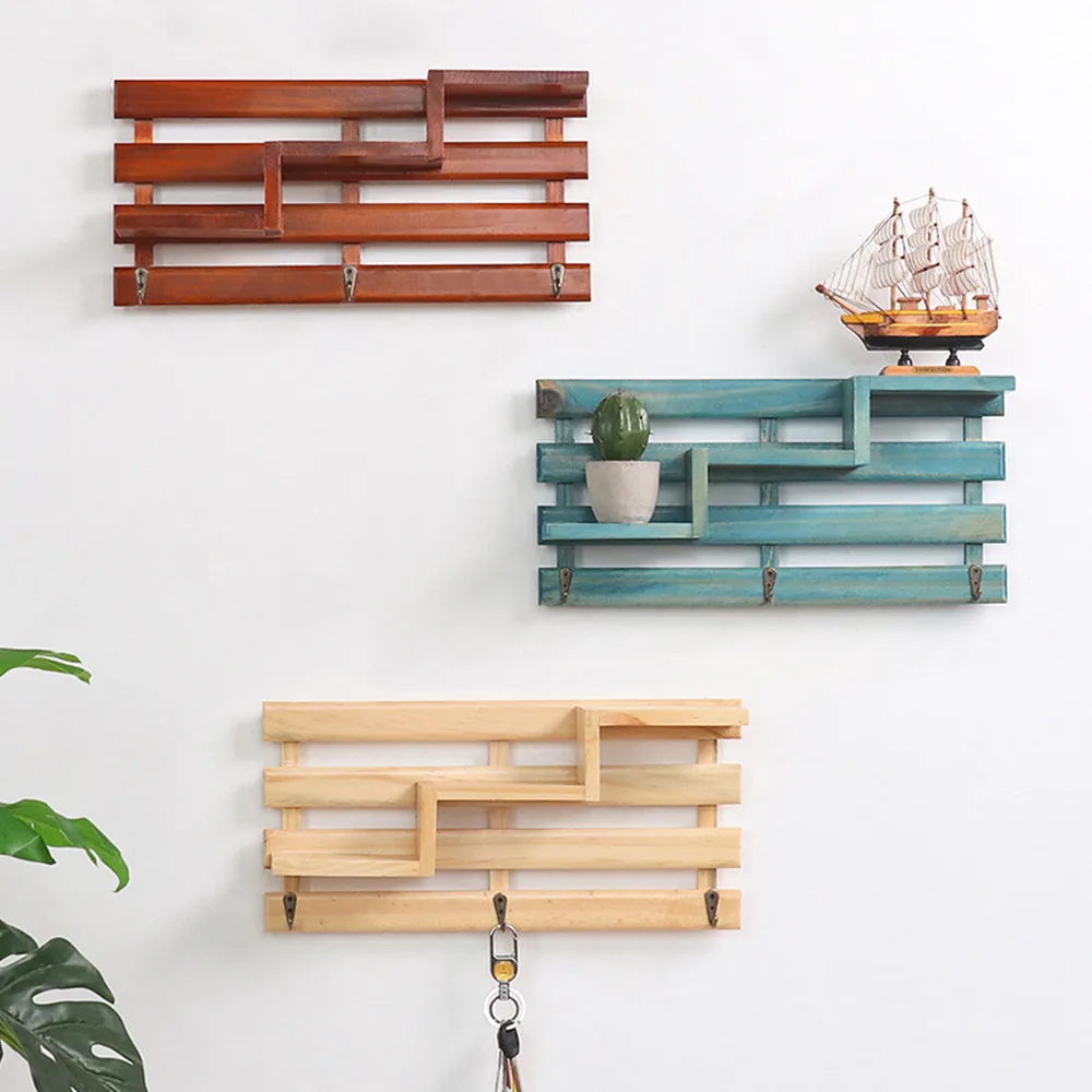 

1 Pcs Wall Mounted Wooden Stair Shelves Organizer Books Collections Display Shelf Storage Rack With Key Hooks