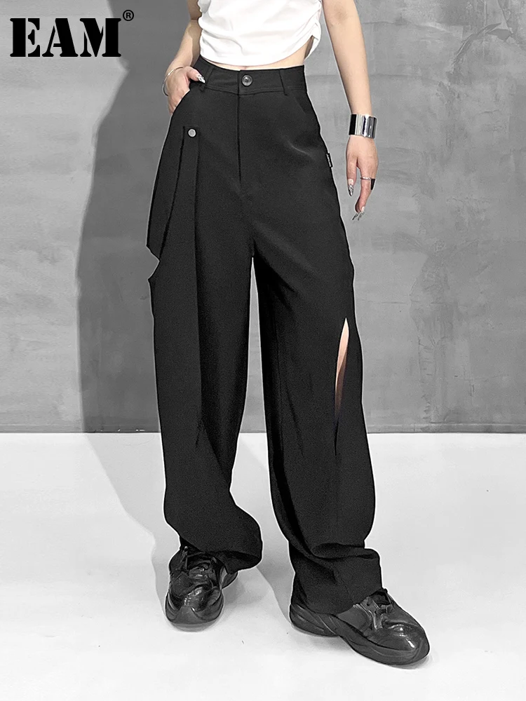 

[EAM] High Waist Black Hollow Out Long Casual Wide Leg Trousers New Loose Fit Pants Women Fashion Spring Autumn 2023 1DE9600