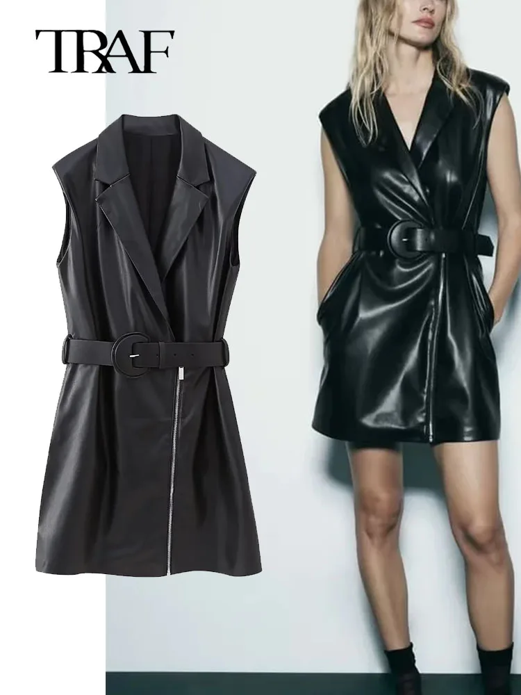 

Платье-мини женское из искусственной кожи, на осень