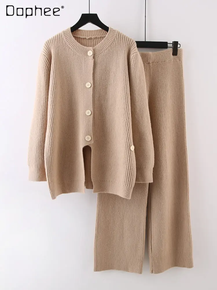 Fashion Knitted Sweater Suit Women's Autumn and Winter New Side Buckle Fitted Waist Sweater Casual Wide-Leg Pants Two-Piece Set