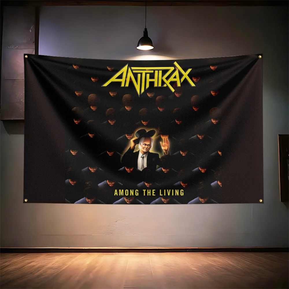 Фото Флаг с рок-музыкой для фанатов Anthrax, баннер с HD-печатью, латунные люверсы, декор для гаража, спальни, гостиной, общежития, настенный гобелен №4