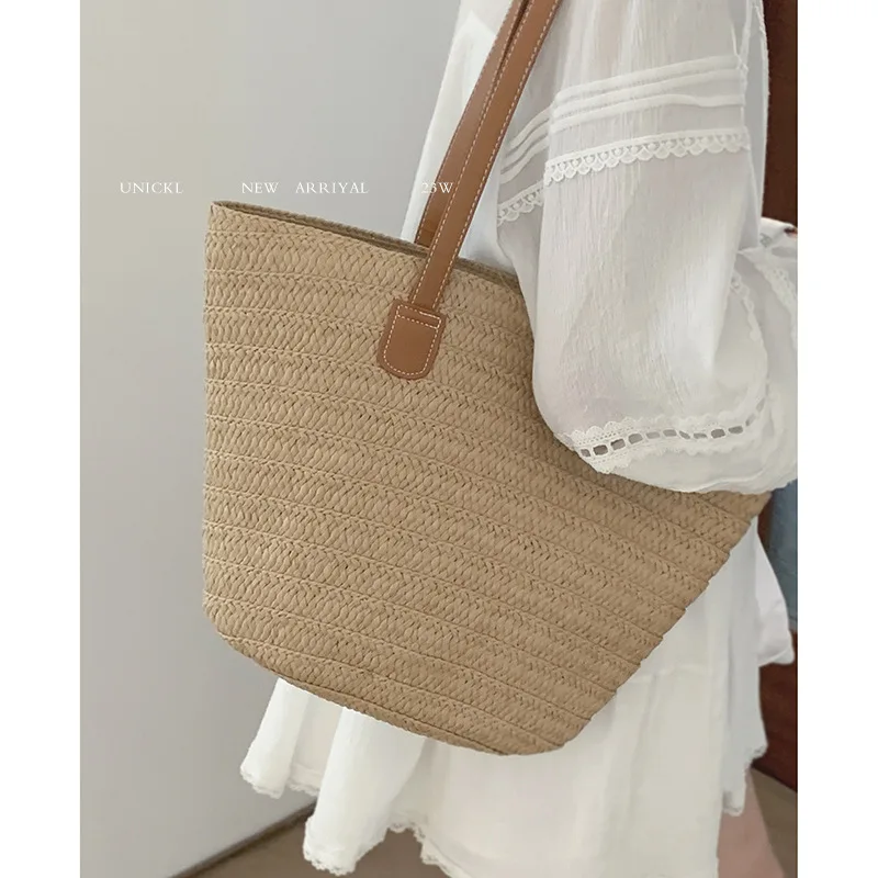 

Fashion Holiday Beach Straw Bag Woven Women's Bucket Bag Big Capacity Handbag Bohemian Rattan Basket Bag Female Shoulder Bag