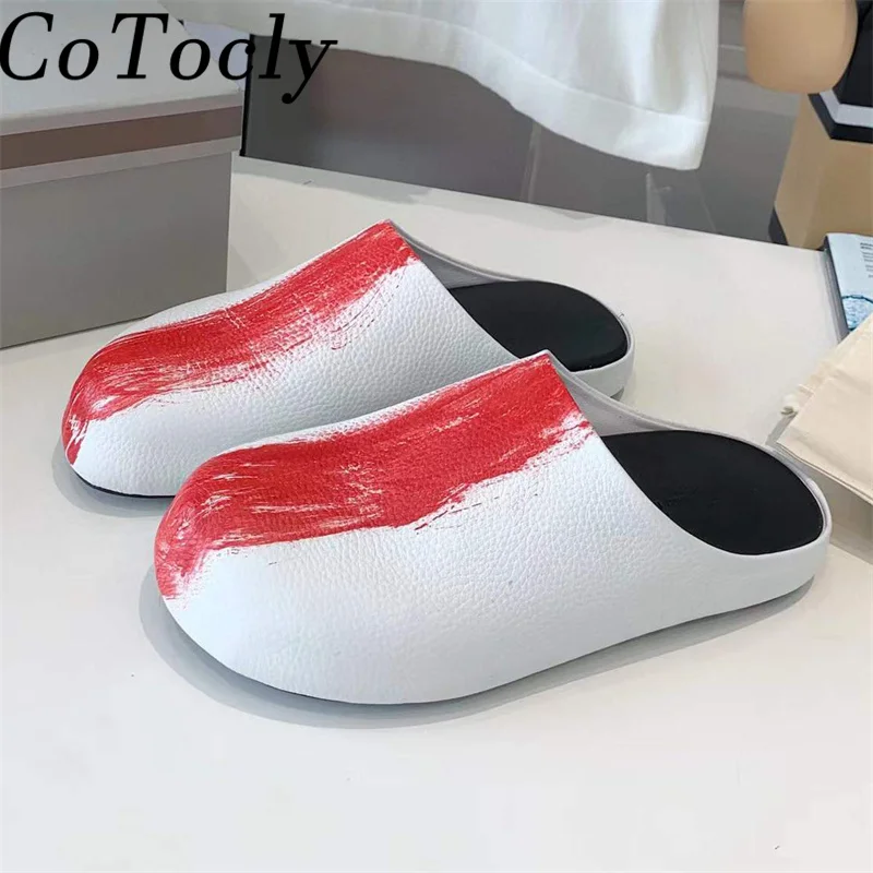 

2023 New Slippers Women Round Toe Slides Woman Spring Autumn Genuine Leather Flat Shoes Fashion Comfort Modern Slippers Men