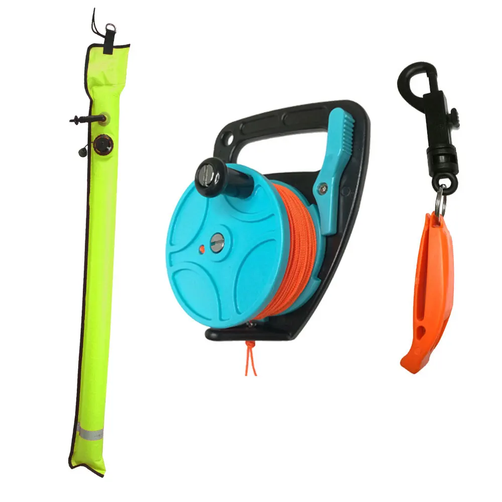 46M Scuba Diving Wreck Reel Finger Spool Inflatable SMB Surface Signal Marker Buoy Float Emergency whistle Diving Safety Kits